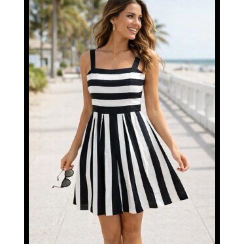 Loft Black White Striped Fit Flare Linen Blend Summer Dress Size 8 Coastal NWT